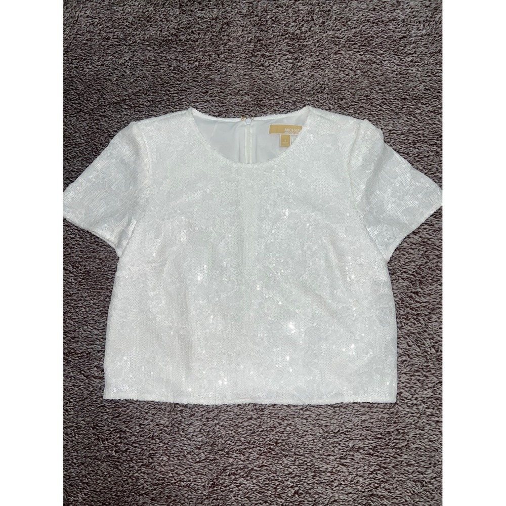 Michael Kors White Sequin Floral Short Sleeve Top Back Zip Size 8 QS440M8B0D